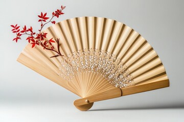 A traditional Japanese hand fan with a red branch and leaves, isolated on a white background.
