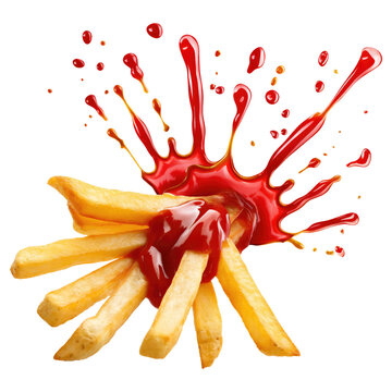 flaying french fries with ketchup splash isolated on transparent white background, clipping path