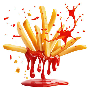 flaying french fries with ketchup splash isolated on transparent white background, clipping path