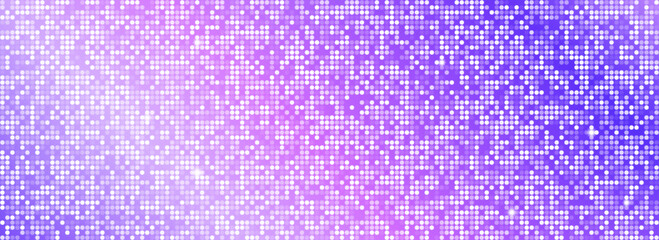 Purple disco party pattern background. Iridescent sequin mosaic texture. Abstract violet shining halftone wallpaper. Pop up comic sparkling glitter backdrop. Retro vector design template