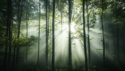 Obraz premium Tall, misty trees with sunlight streaming through the branches, creating a magical and mysterious forest atmosphere