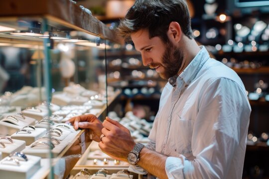 Young man selecting engagement ring in a jewelry store, contemplating choices with focus and excitement
