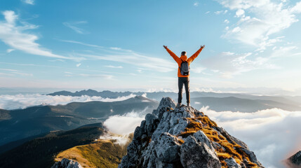 A man is standing on a mountain top, wearing an orange jacket and a backpack