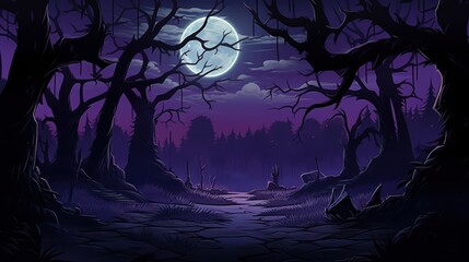 Fototapeta premium Dark Forest Path with Full Moon and Silhouetted Trees