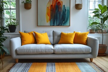 Modern living room with a cozy sofa and vibrant decor.