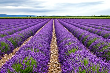 A field of lavender in full bloom, creating a sea of purple stretching out toward the horizon