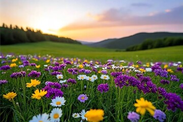 Fototapeta premium A field of vibrant wildflowers, stretching toward the horizon with rolling green hills in the background under a pastel-colored sky