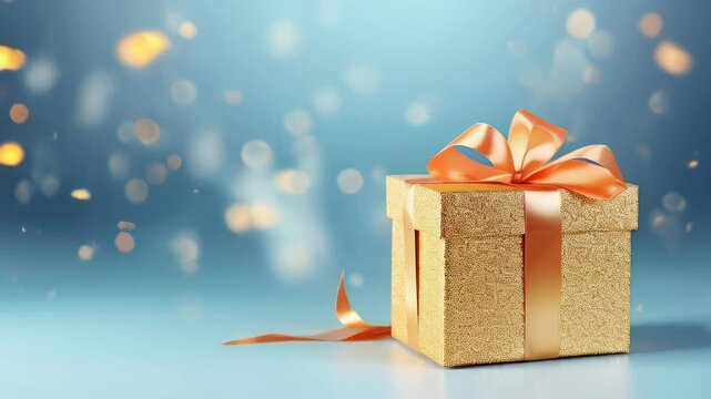 Golden gift present on a light blue background with colorful bokeh and stars glittering