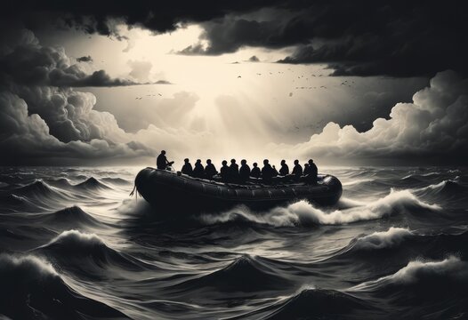 Struggling refugees seeking asylum in overcrowded boats escaping conflict and hardship, Generative AI