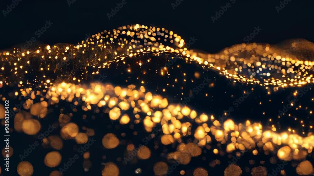 Aufkleber digital art of glowing golden particles forming a dynamic wave pattern on a dark background.
