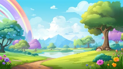 A Lush Green Meadow with a Rainbow, Trees, and a River