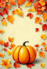 Naklejka premium Autumn pumpkin with fall leaves background copy space for text. Perfect for Thanksgiving or Halloween.