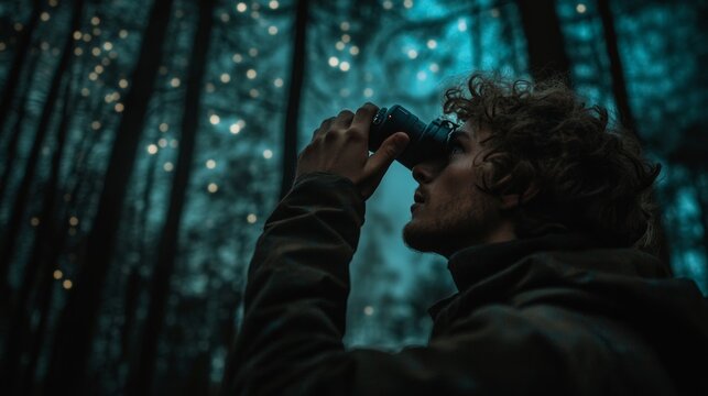 Hiker Scanning Forest with Night Vision Device