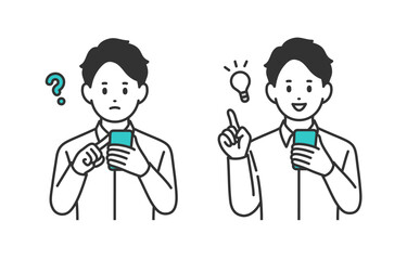 スマホを見て疑問を持つ･ひらめきのポーズをする若い男性のセット【人物ベクターイラスト素材】