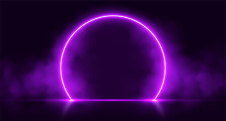 Neon arch with smoke, purple glowing portal, futuristic circle gate, magic stage with vapor. Vector illustration.