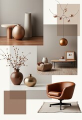 Sleek Grey and Bronze Interior Moodboard: Modern Swivel Chair, Transparent Decor, and Minimalist Style

