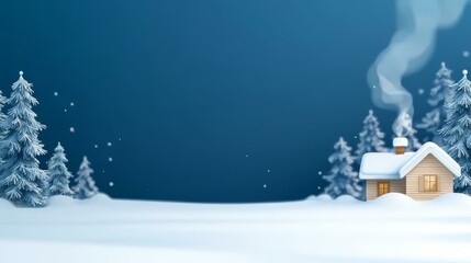 Naklejka premium Cozy winter cabin surrounded by snow-covered trees under a serene blue sky.