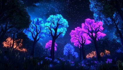 Magical illuminated forest with colorful trees under a starry night sky.