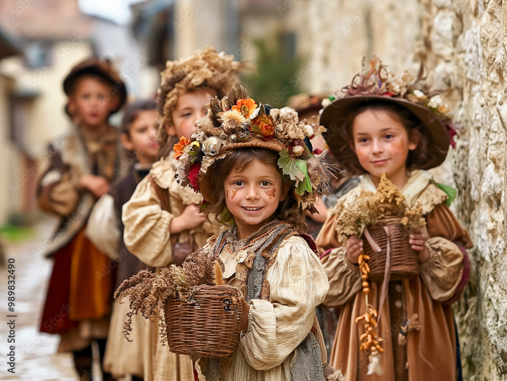 Poster A group of children wearing flowery hats and holding baskets. The children are smiling and appear to be happy