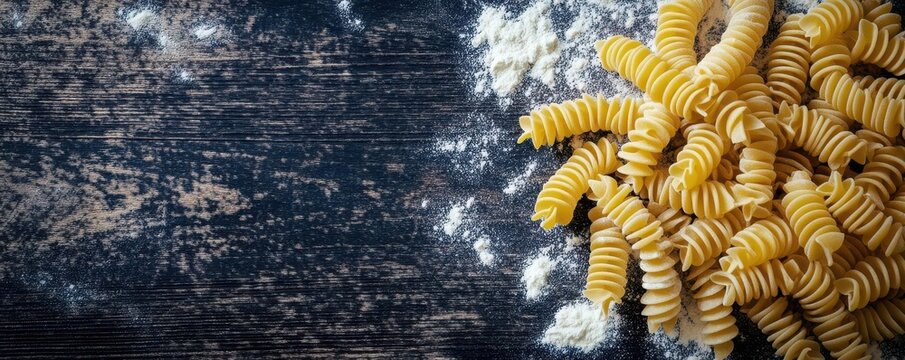 Spiral-shaped uncooked fusilloni pasta spread on a dark wood table with scattered flour