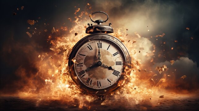 An antique clock surrounded by flames symbolizing the concept of time and urgency