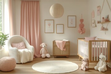 Cozy nursery with soft colors and plush toys.