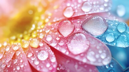 Vibrant close-up of a pink and blue flower petal with sparkling water droplets.