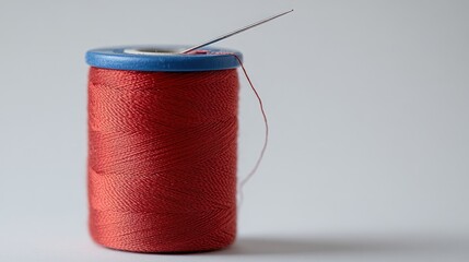 A spool of red thread with a needle threaded through it, against a white background.