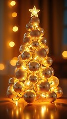 garland made from lot of glass transparent balls, inside the balls there are neon golden glowing lights, shape Christmas tree without wood, festive blurred golden background 