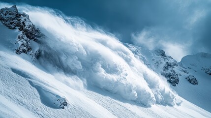 Dramatic snow avalanche rushing down a steep mountain slope
