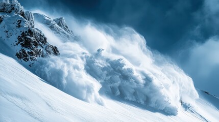 Dramatic snow avalanche rushing down a steep mountain slope