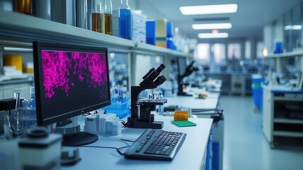 Naklejka premium Modern epidemiology research lab with advanced computing systems, microscopes, and testing equipment laid out on sterile workstations