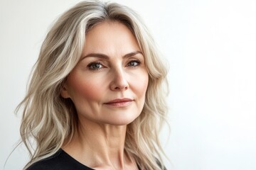 Naklejka premium Beautiful mature woman with healthy skin looking confidently at the camera against a white background