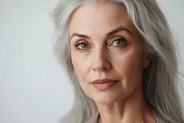 Naklejka premium Gorgeous mature woman in her 50s showcasing her healthy skin and beauty while looking confidently at the camera against a white background