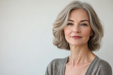 Fototapeta premium Gorgeous mature woman with healthy skin looking confidently at the camera against a soft white background in her 50s