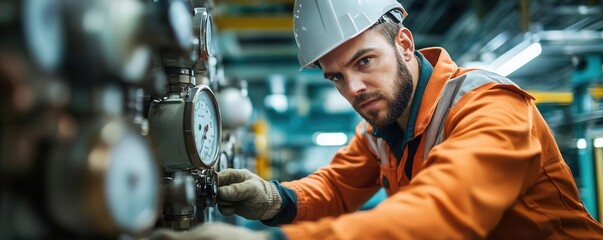 Offshore worker checking pressure gauges in the engine room of the oil platform