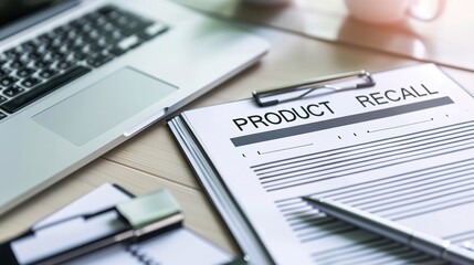 Formal product recall notification letter placed on an office desk alongside a pen and laptop. Automotive,pharmaceutical,electronics,corporate,enterprise,corporation,serious,safety action concept.AI