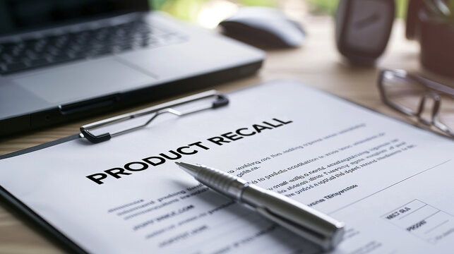 Formal product recall notification letter placed on an office desk alongside a pen and laptop. Automotive,pharmaceutical,electronics,corporate,enterprise,corporation,serious,safety action concept.AI