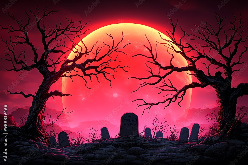Poster a graveyard scene where tombstones glow with a faint red light, and dark spirits rise from the groun