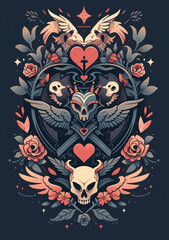 Old school skull and flower tattoo design