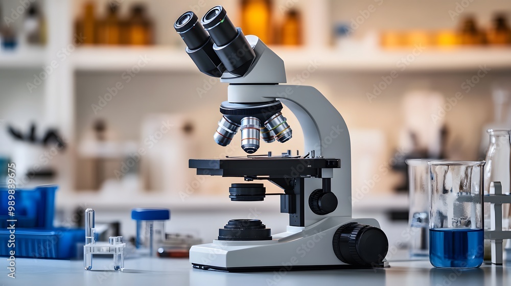 Poster a white laboratory microscope with multiple lenses and adjustable settings