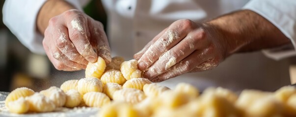Chef forming fresh gnocchi, dusted with flour, intricate details of the shaping process, homemade pasta, culinary mastery