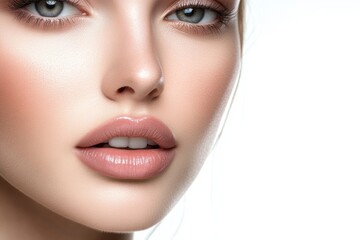 Naklejka premium Radiant woman with healthy skin and natural makeup showcasing her beauty against a clean white background