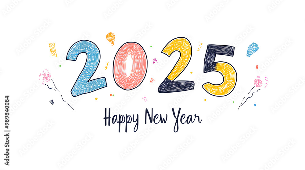 Poster the numbers 2025 created in one continuous line, with a minimalist font for happy new year beneath i