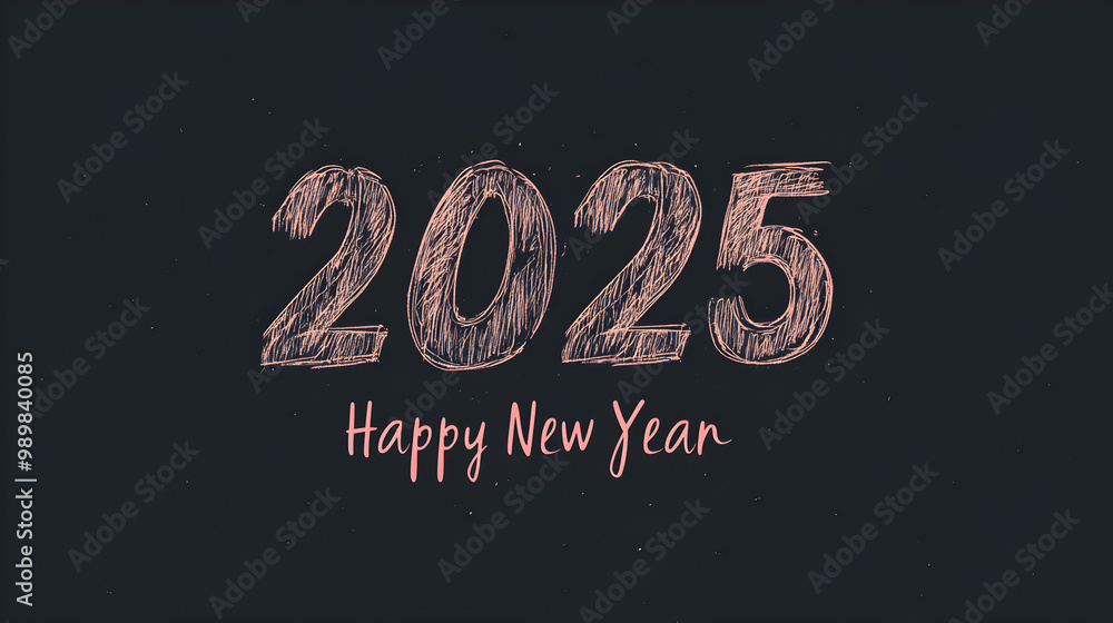 Aufkleber the numbers 2025 created in one continuous line, with a minimalist font for happy new year beneath i