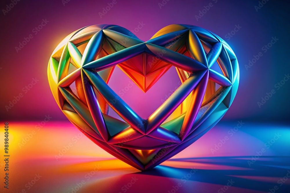 Poster abstract heart shape intertwined with a geometric triangle in vibrant colors on a minimalist backgro