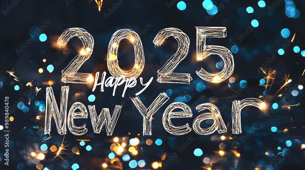 Fototapete 2025 outlined with thin lines, with happy new year centered inside the numbers
