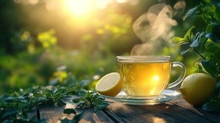 A steaming cup of tea with lemon slices on a wooden table in a green garden with the sun shining through the leaves.
