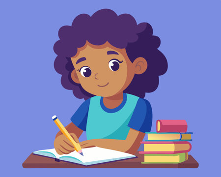 recommend clip art: child writes intently in their notebook vector illustration
