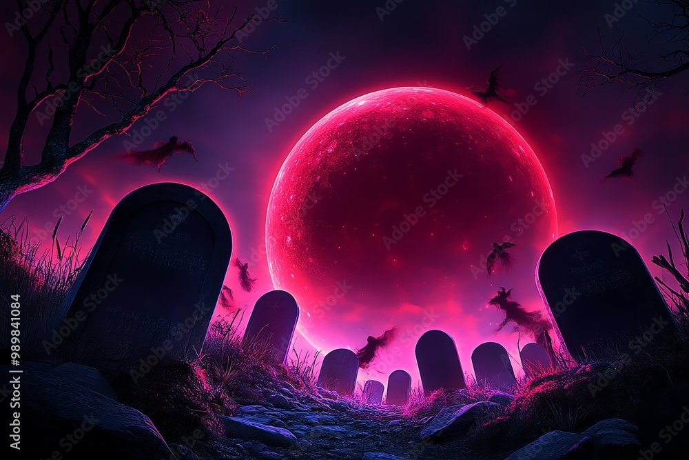 Poster a graveyard scene where tombstones glow with a faint red light, and dark spirits rise from the groun